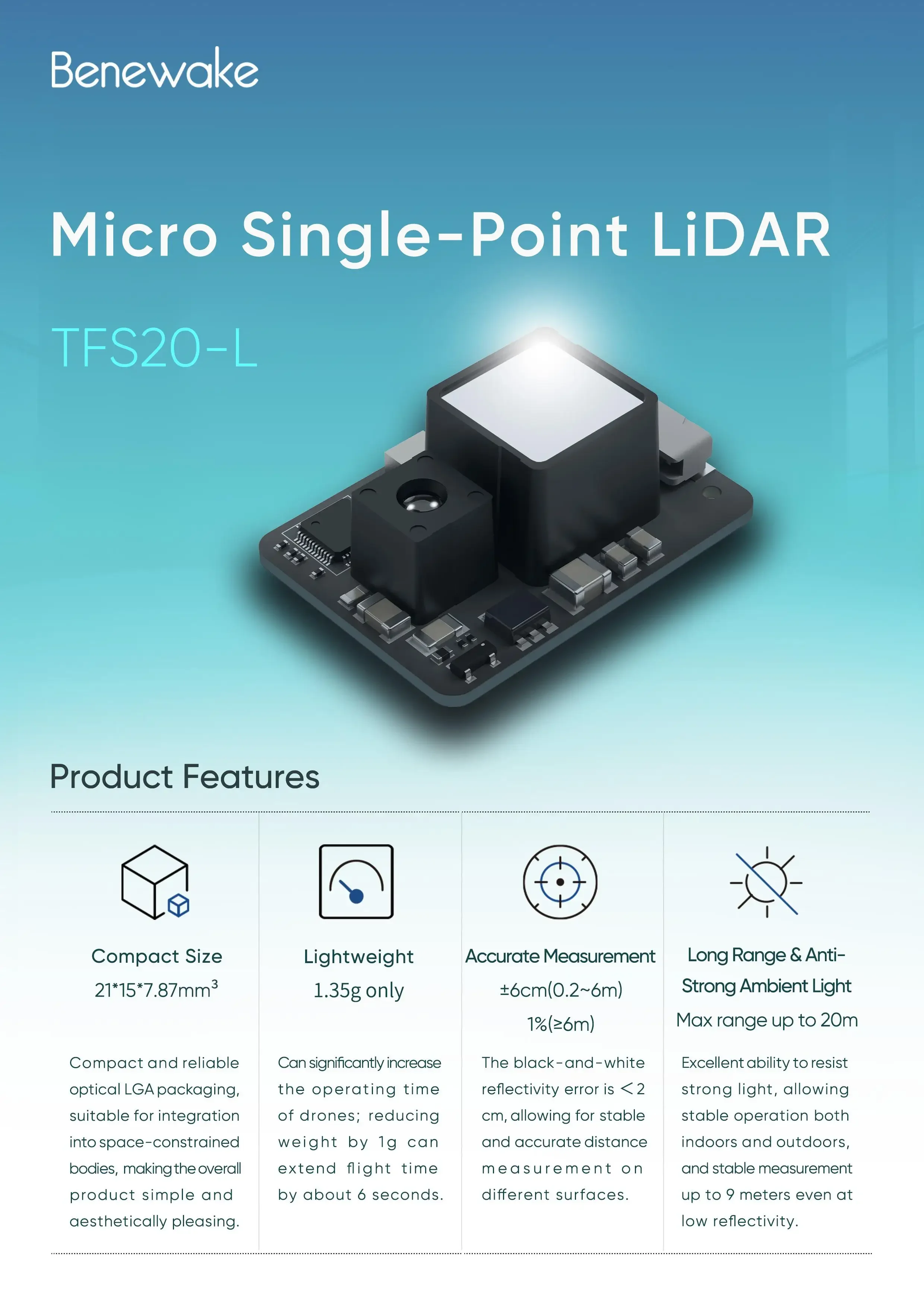 Benewake TFS20-L 20m Micro LiD - огляд і ціна Drone Lidar